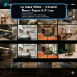 Luxurious interior room types and suites at LaCasa Villas in Karachi, including bedrooms, living areas, and bathrooms.