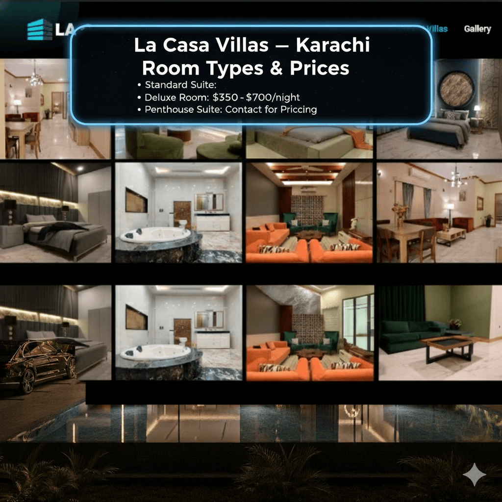 Luxurious interior room types and suites at LaCasa Villas in Karachi, including bedrooms, living areas, and bathrooms.